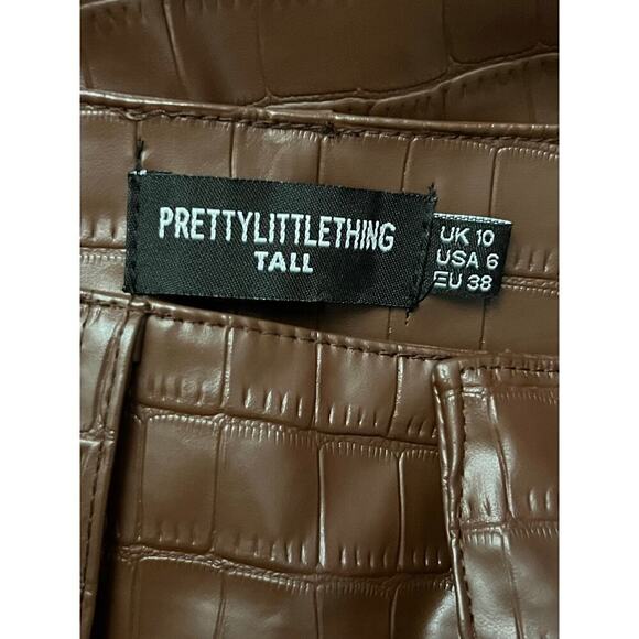 PRETTYLITTLETHING Tall Chocolate Faux Leather Croc Embossed Flare Pant Sz 6 - Picture 6 of 6